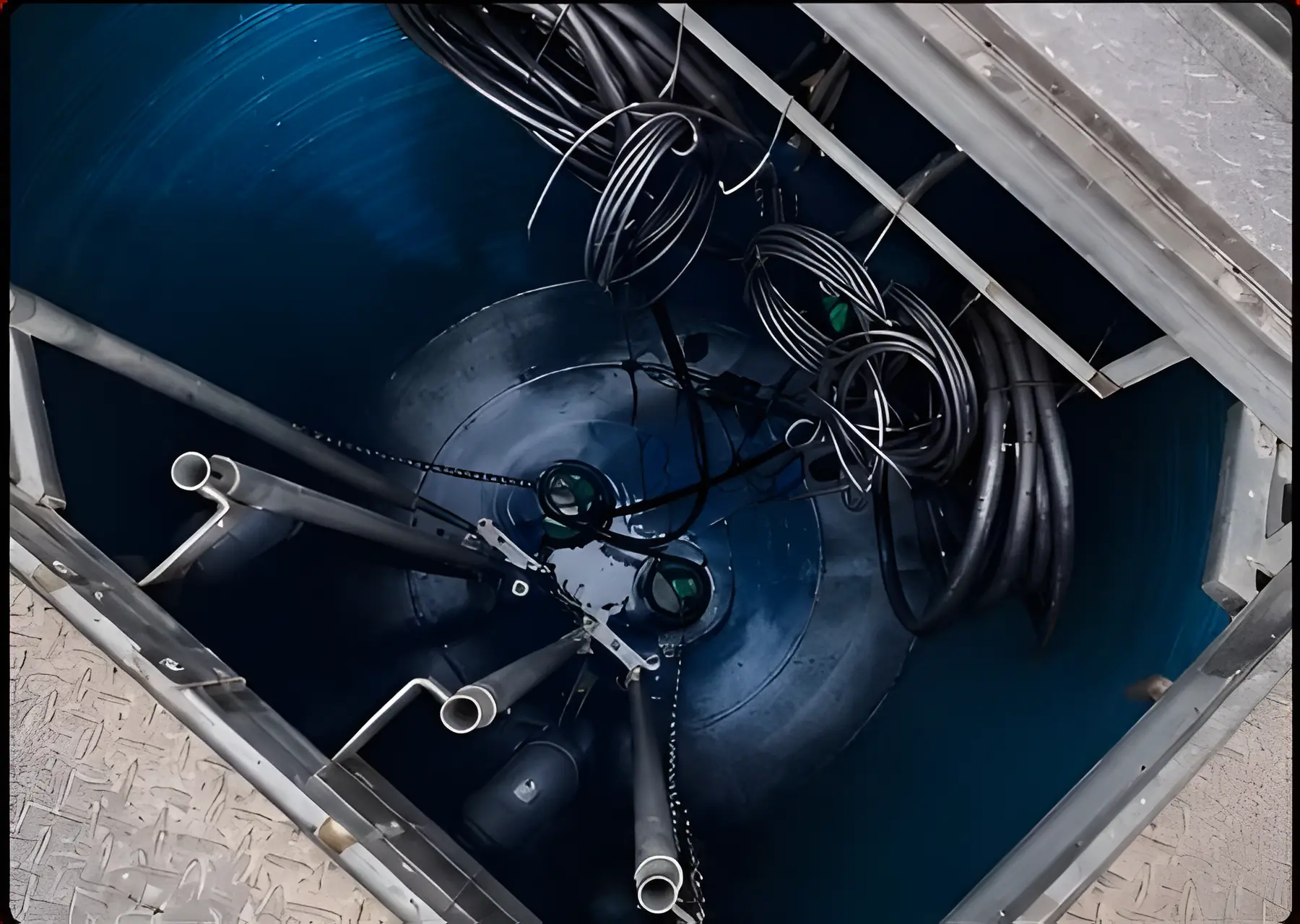 Looking down into a lift station wet well with submersible pumps, float switches and cables